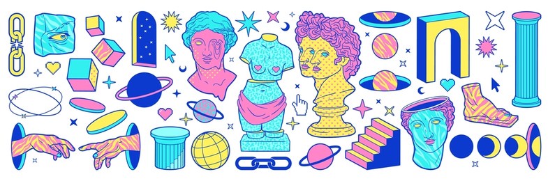 psychedelic sticker pack with colorful greek statues, ancient sculpture, arch, column, planet and surreal elements. big set of cartoon vector illustrations in trendy psychedelic trippy style.