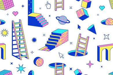 psychedelic seamless pattern with geometric shapes, surreal elements. abstract vector background in trendy psychedelic trippy style. arch, stairs, surreal and geometric shapes. acid neon colors.