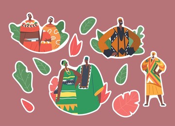 set of stickers african people pairs in traditional clothes isolated patches. male female characters in colorful national costumes and headwear, primitive tribal culture. cartoon vector illustration