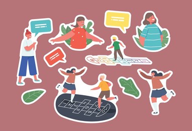 set of stickers children boys and girls characters play hopscotch game at house yard. friends spend time together on playground. happy kids summer vacation activity. cartoon people vector illustration