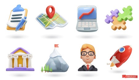 business, icon set. clipboard, map, laptop, puzzle, bank, mountain, businessman, rocket. 3d render vector