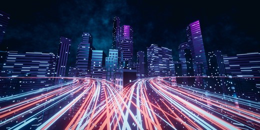 3d rendering cityscape with red and light blue light trail on curve road. concept city, downtown district, town at night with bright neon light.