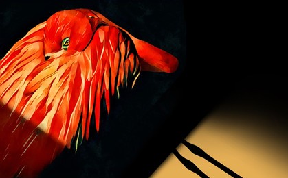 a flamingo is seen with itâ€™s beak buried in itâ€™s feathers as it rests in a 3-d illustration that is a digital watercolor. 