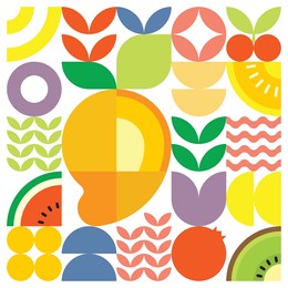 geometric summer fresh fruit cut artwork poster with colorful simple shapes. scandinavian style flat abstract vector pattern design. minimalist illustration of a ripe mango on a white background.