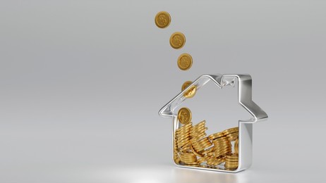 golden coin falling in to house shape piggy bank, save money for buy house, investment property, mortgage real estate concept. 3d rendering.