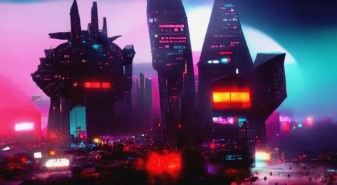 dark cyberpunk futuristic abstract cityscape with glowing neon lights. future urban concept. industrial wallpaper. gloomy 3d illustration.