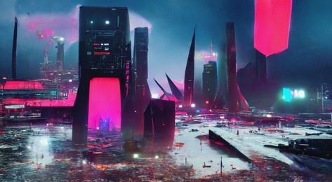 dark cyberpunk futuristic abstract cityscape with glowing neon lights. future urban concept. industrial wallpaper. gloomy 3d illustration.