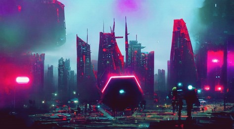 dark cyberpunk futuristic abstract cityscape with glowing neon lights. future urban concept. industrial wallpaper. gloomy 3d illustration.