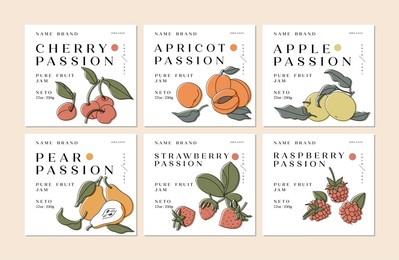 vector illustration set of design labels with apple, apricot, pear, strawberry and raspberry, cherry fruits - simple linear style. emblems composition with fruits and typography