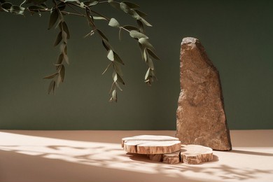 composition empty podium material tree stone dry flowers. product presentation. background beige green. beautiful background from natural materials