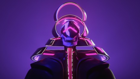 portrait of scary futuristic necromancer with human skull, metal teeth wears sci-fi virtual reality glasses. black armor with glowing pink white wires floating in the air. 3d render on purple backdrop