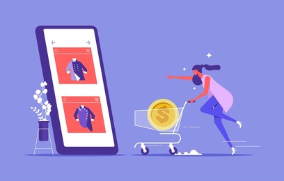 shopping online. e-commerce and online shopping. woman running with shopping cart to online shop, flat vector illustration.