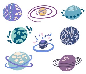 planets set. cute cartoon galaxy, space, solar system elements. isolated design elements for children. stickers, labels, icons, infographics for kids. vector hand draw illustration 