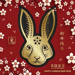 happy chinese new year 2023 rabbit zodiac sign, with gold paper cut art and craft style on color background for greeting card, flyers, poster (chinese translation: happy new year 2023, year of rabbit)