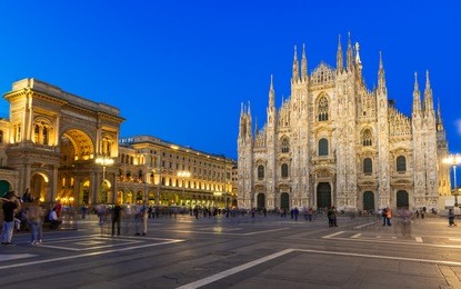 night view of milan cathedral (duomo di milano), vittorio emanuele ii gallery and piazza del duomo  in milan, italy