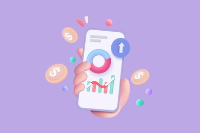 3d vector hand holding mobile isolated on pastel purple background. hand using funding business graph on application under creative solution concept in 3d vector. 3d trading for business investment
