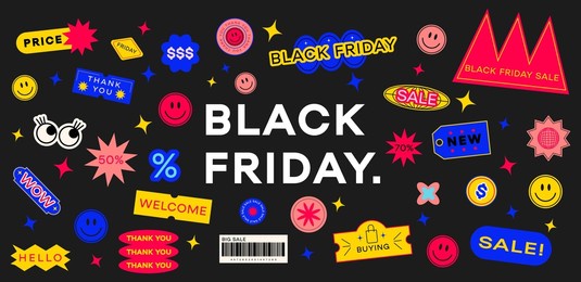 collection of various patches, labels, tags, stickers, stamps for shopping. black friday, discounts, new collection. vector set, trendy promo labels