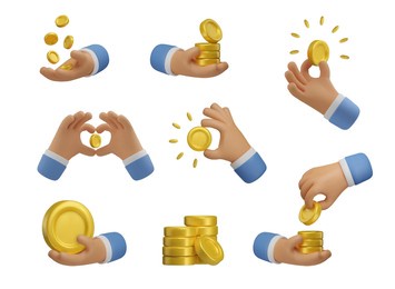 3d money emoji set. icon hand holding coins. realistic vector render emoticon. transfer concept, golden coin stack design elements isolated on white background