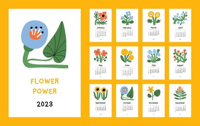beautiful floral calendar - flower power - 2023. botanical printable vector template. monthly calendar with hand drawn flower for 2023 year.