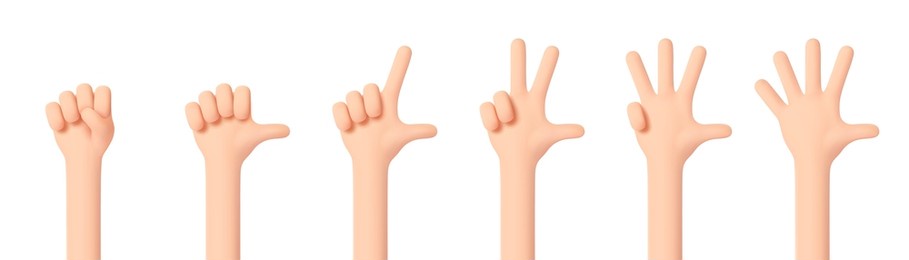 hands set. realistic 3d design in cartoon style. hand shows signs of various counting gestures. collection isolated on white background. 3d vector illustration