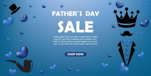 happy father's day sale banner or promotion on blue background. background with father's day symbols