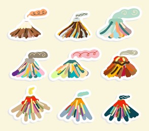 vector volkano mountains colorful doodle, stickers  set