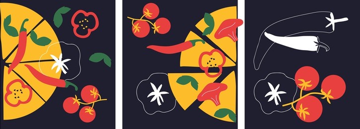 abstract pizza and vegetables set. italian pizza on black background cartoon illustration. vector. funny colored typography poster, advertising, packaging print design, restaurant menu decoration.