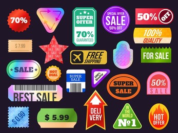 trendy 90s holographic sticker sale labels and tags shapes. retro discount, price and quality product shiny stickers with percent  set. illustration of labels or stickers 90s collection