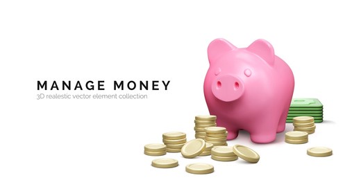 piggy bank with stack of gold coins. money savings concept. 3d realistic pig and money stack. finance investment and business concept. vector illustration