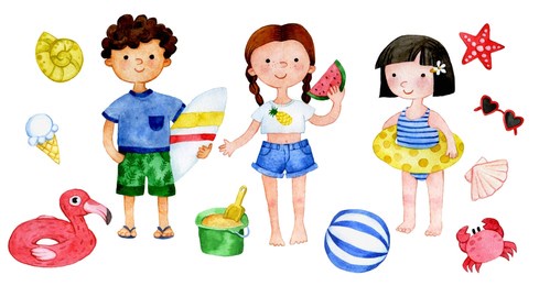 watercolor drawing. set of cute characters of children on the beach. boy and girls in bathing suits, swimming circle, toys