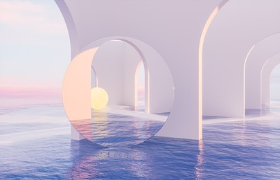 abstract summer landscape scene with geometric form. ocean beach view. 3d rendering.