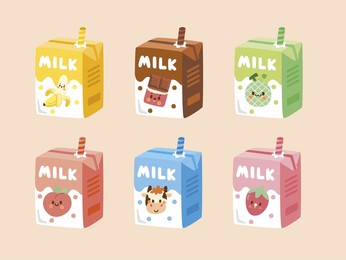 set of cute milk box .banana, chocolate, melon, original fresh milk, peach, strawberry.