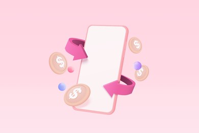 3d money payment transfer money system online payment concept, bundles cash and floating coins exchange with mobile phone banking. 3d smartphone and cashless society with vector render illustration