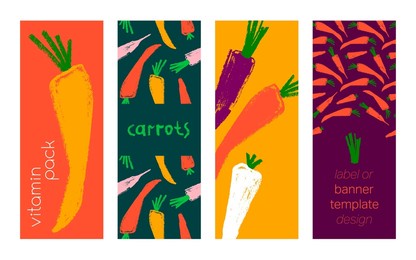 vitamin a label with vector carrot pattern seamless. textured hand-drawn carrots background. healthy eating concept. vegetable drawing for vitamin banner, natural juice packaging. beta carotene.