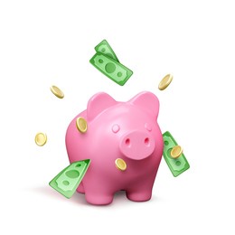 piggy bank and falling green paper money and gold coins. save money concept. finance investment banner isolated on white background. vector illustration