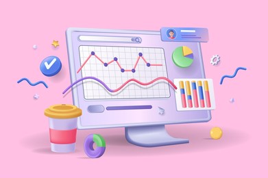 online marketing concept 3d illustration. icon composition with computer display with charts, graphs and diagrams for market research and business promotion. vector illustration for modern web design
