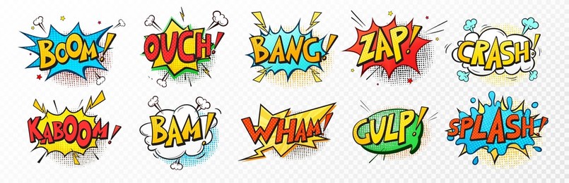 vector set of comic sound effects, pop art message speech bubbles different shapes and emotions with word. comics fun book balloon. cartoon explosion cloud dialog on white background.