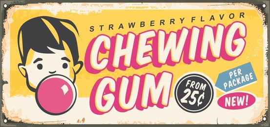 chewing gum retro sign template for candy store. kid blowing pink bubble gum balloon vintage advertisement. comic or cartoon style vector graphic.