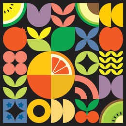 geometric summer fresh fruit cut artwork poster with colorful simple shapes. scandinavian style flat abstract vector pattern design. minimalist illustration of a grapefruit ruby on a black background.