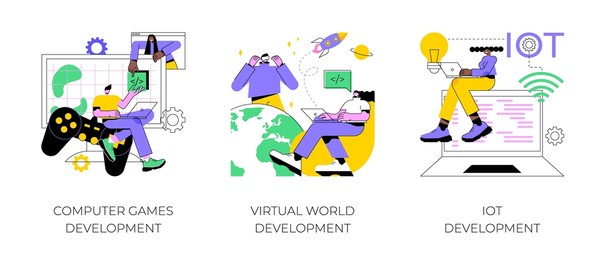 programming team abstract concept vector illustration set. computer games, virtual world and iot development, vr graphic design, testing and deployment, internet of things abstract metaphor.