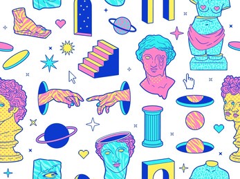 psychedelic seamless pattern with colorful greek statues, ancient sculpture, arch, column, planet and surreal elements. cartoon vector background in trendy psychedelic trippy style.