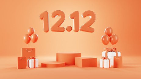 12.12 shopping sale day poster or banner with gift box and shopping bag.12 december sales banner template design for social media and website. 3d rendering