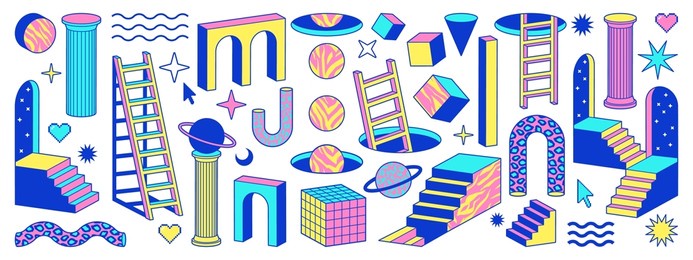 psychedelic stickers with geometric shapes, surreal elements. abstract vector symbols and signs in trendy psychedelic trippy style. arch, stairs, column and geometric shapes. acid neon colors.