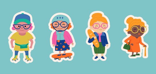 set of stickers with funny grandmothers. vector illustration.