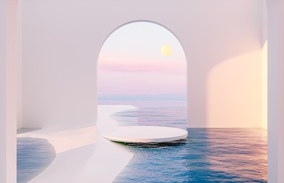 abstract summer landscape scene with geometric form. ocean beach view. 3d rendering.