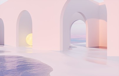 abstract summer landscape scene with geometric form. ocean beach view. 3d rendering.