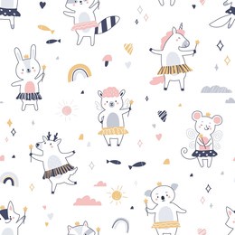 seamless scandinavian pattern with cute animals. endless background with childish repeating print with baby characters. scandi nursery texture. flat vector illustration for kids textile, fabric
