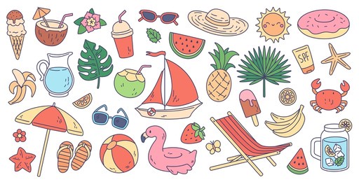 cute summer stickers for planner, fruits and drinks, exotic leaves and flowers. beach party elements, bikini, sandcastle, tropical vacation doodles, summertime sticker vector set