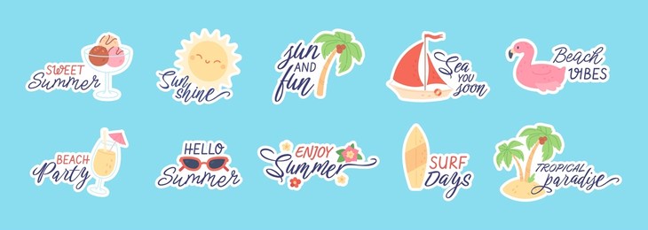 cute summer stickers for planner, beach party doodles with funny quotes. tropical vacation elements, fruits and cocktails, bikini, surfboard, summertime season sticker with text vector set