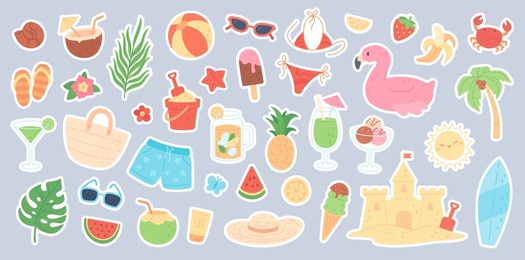 summer stickers, cute summertime elements, tropical vacation icons. watermelon, surf board, beach ball, flamingo swimming ring, boat, bikini, ice cream, summer holiday doodles vector set